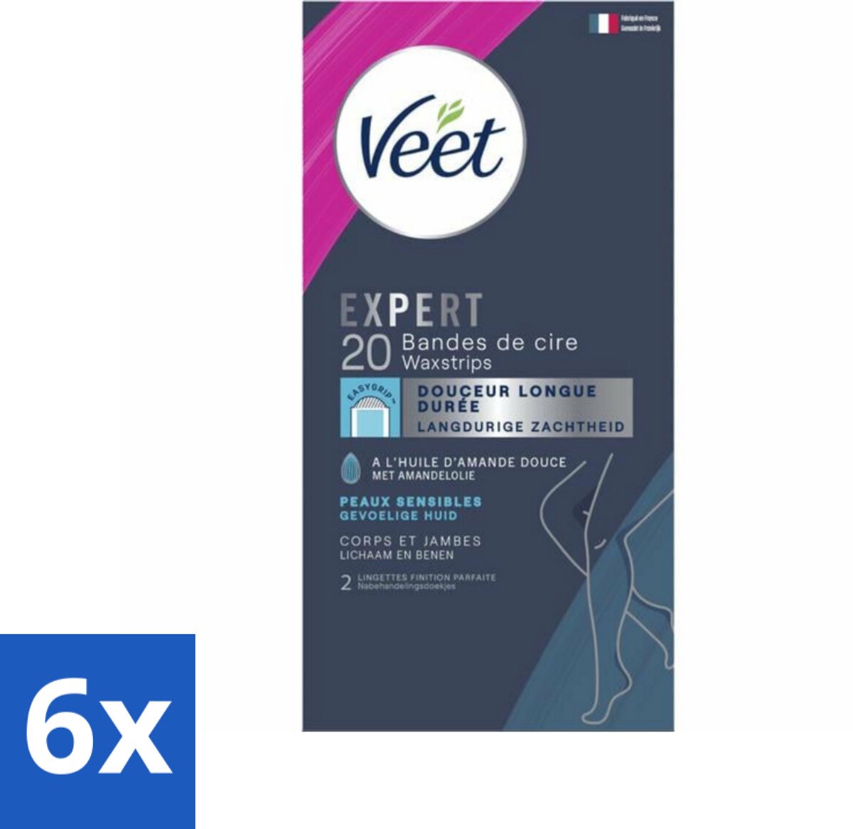 6 x Veet Expert - Ontharingsstrips - Lichaam & Benen - Gevoelige Huid - 20 strips - Ontharingsstrips - Ontharing Benen - Ontharing Lichaam - Gevoelige Huid - Amandelolie