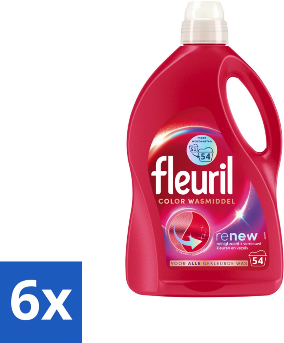6 x Fleuril - Wasmiddel - Renew Color Vloeibaar Wasmiddel - Gekleurde Was - 54 wasbeurten - Wasmiddel Voor Gekleurde Was - Kleurbehoud - Wasmiddel Met Triple Renew Formule - Wasmiddel Voor Zachte Stof - Wasmiddel Met Langdurige Geur