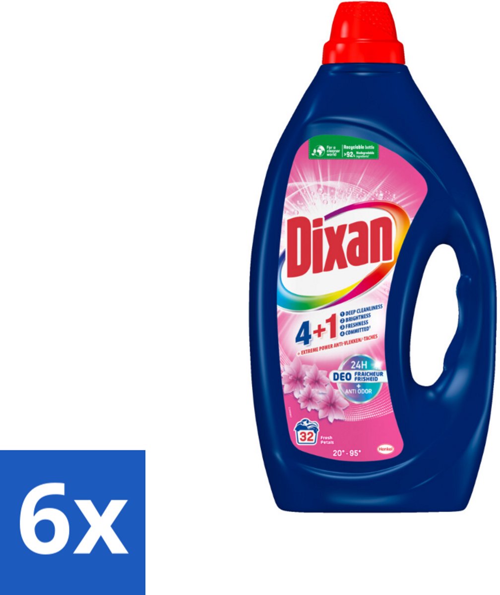 6 x Dixan - Vloeibaar wasmiddel - Fresh Pink - 32 wasbeurten - Dixan Wasmiddel - Vloeibaar Wasmiddel - Wasmiddel Fresh Pink - Wasmiddel Met Bloemengeur - Anti-geur Wasmiddel