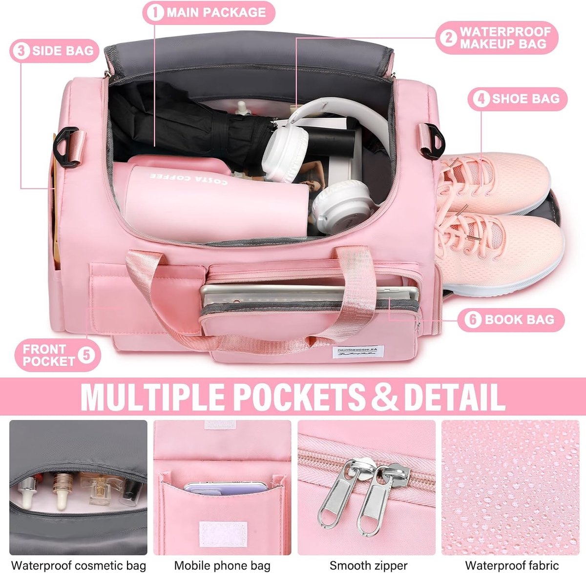 Reistas - Roze - 43 x 25 x 25 cm - Waterafstotende Sporttas met Rugzakfunctie - Voor Dames en Heren