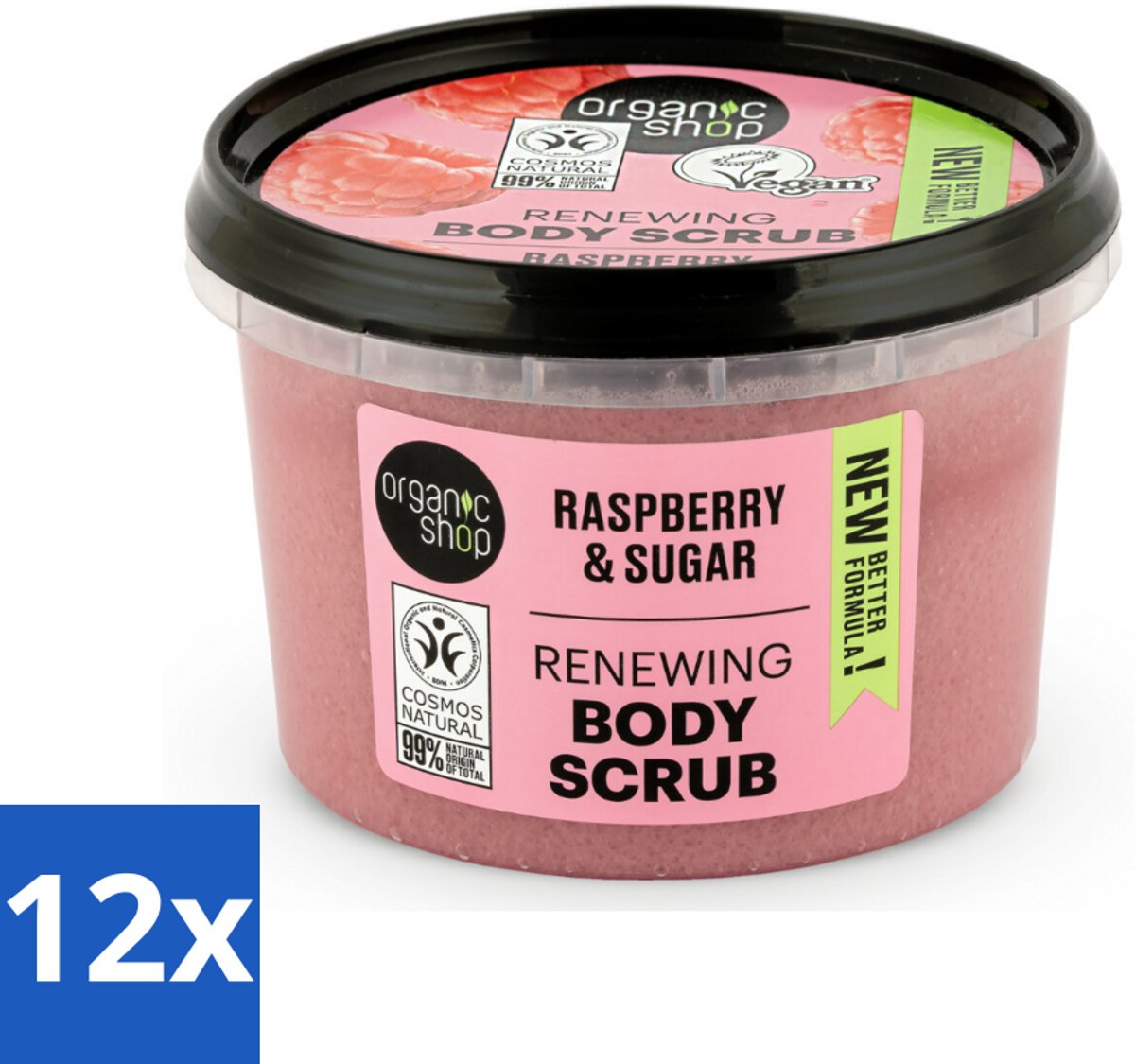 12 x Organic Shop - Organic Raspberry & Sugar Body Scrub - Verfrissend en Peeling - 250 ml - Organische Scrub - Frambozen Scrub - Lichaamspeeling - Natuurlijke Peeling - Gezichtspeeling