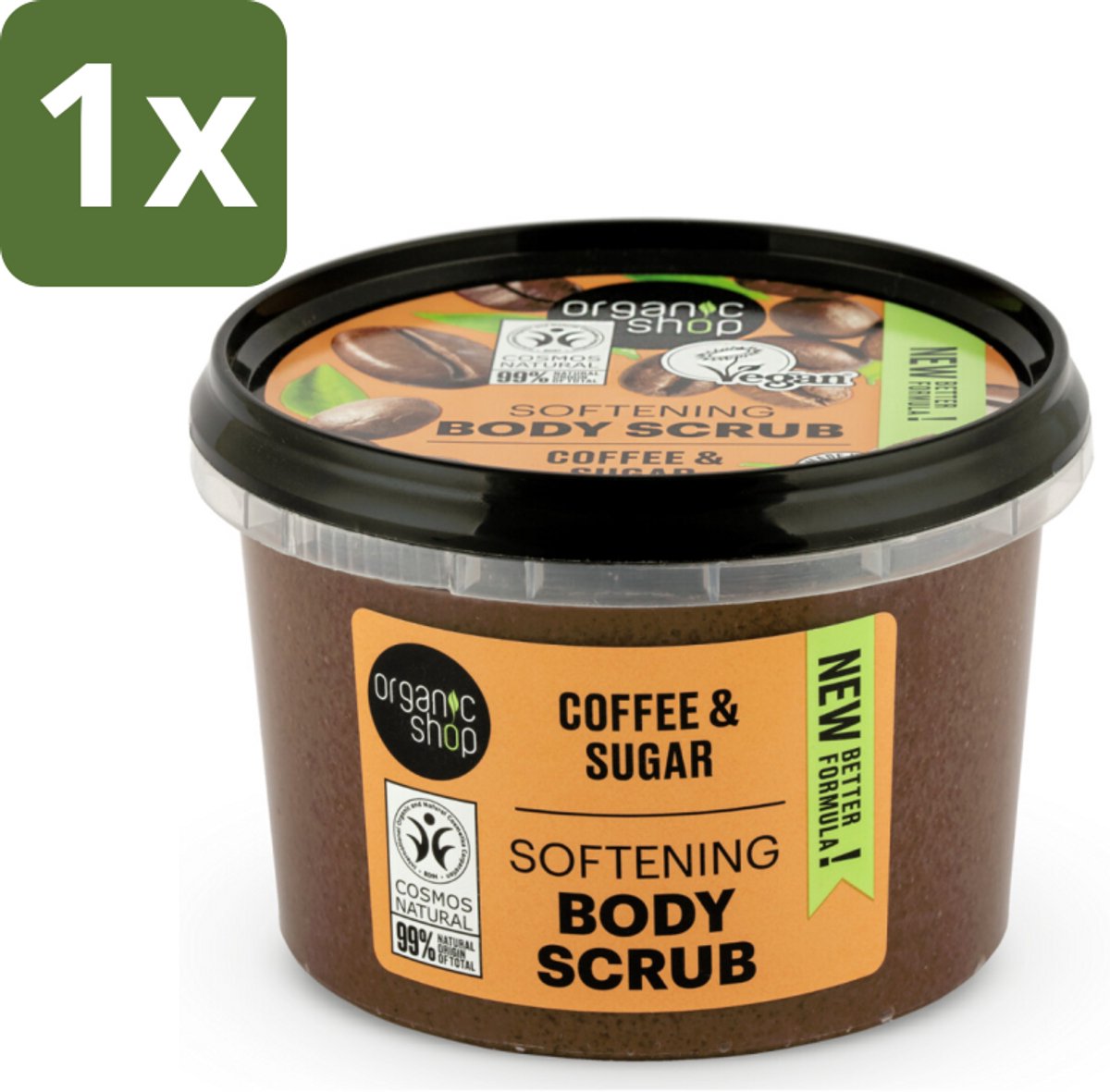 1 x Organic Shop - Organic Coffee & Sugar Body Scrub - Hydraterend en Peeling - 250 ml - Body Scrub - Exfolierende Scrub - Hydraterende Scrub - Koffieolie Scrub - Suiker Scrub