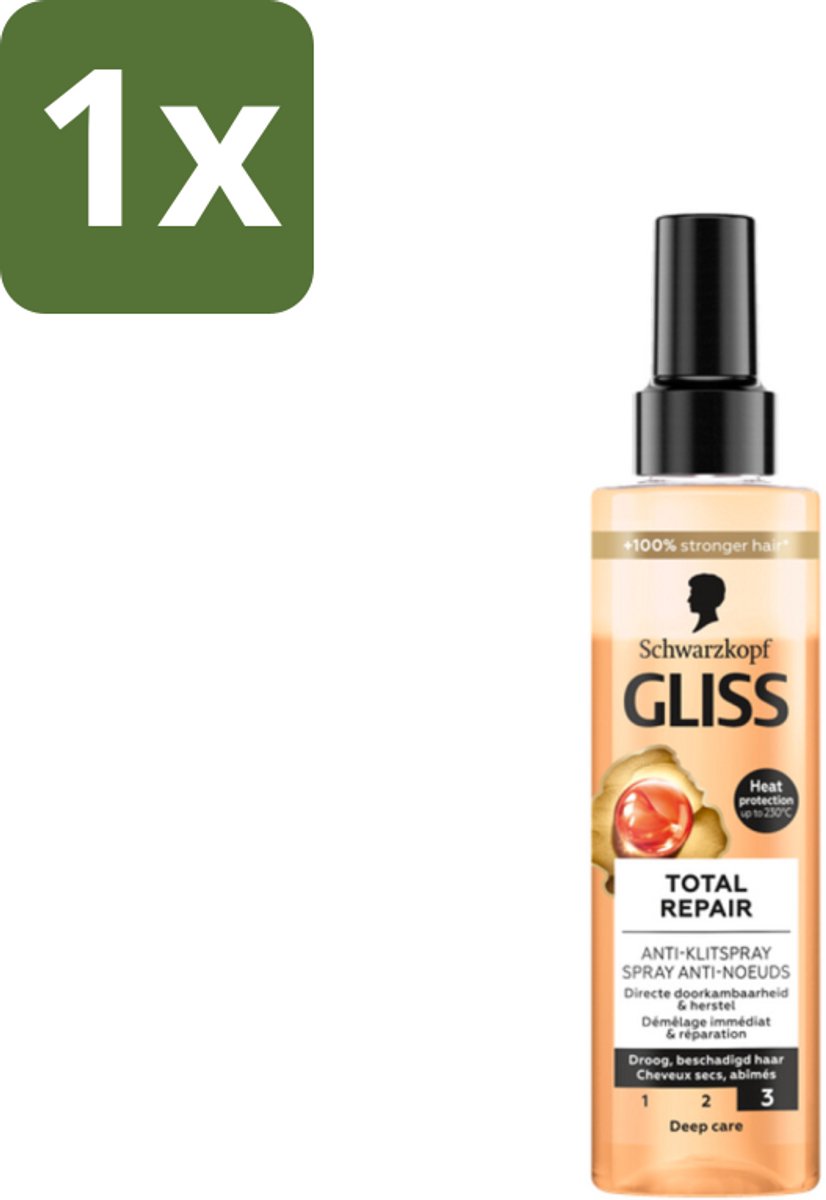 1 x Gliss - Total Repair Anti-Klit Spray - Voor Beschadigd en Droog Haar - 200 ml - Haarspray - Anti Klit Spray - Haar Herstel - Haar Bescherming - Droog Haar
