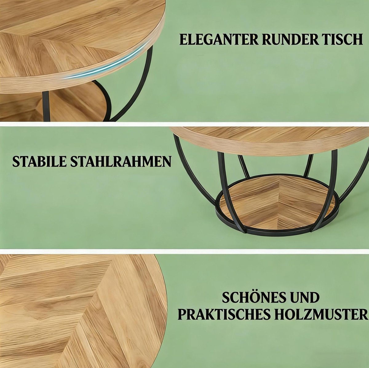 Wishdor Ronde salontafel - Modern design - 2-laags opbergruimte - Houtlook blad en metaalframe - Voor woonkamer, kantoor of ontvangstruimte - Zwart en hout - Ø 80,5 cm