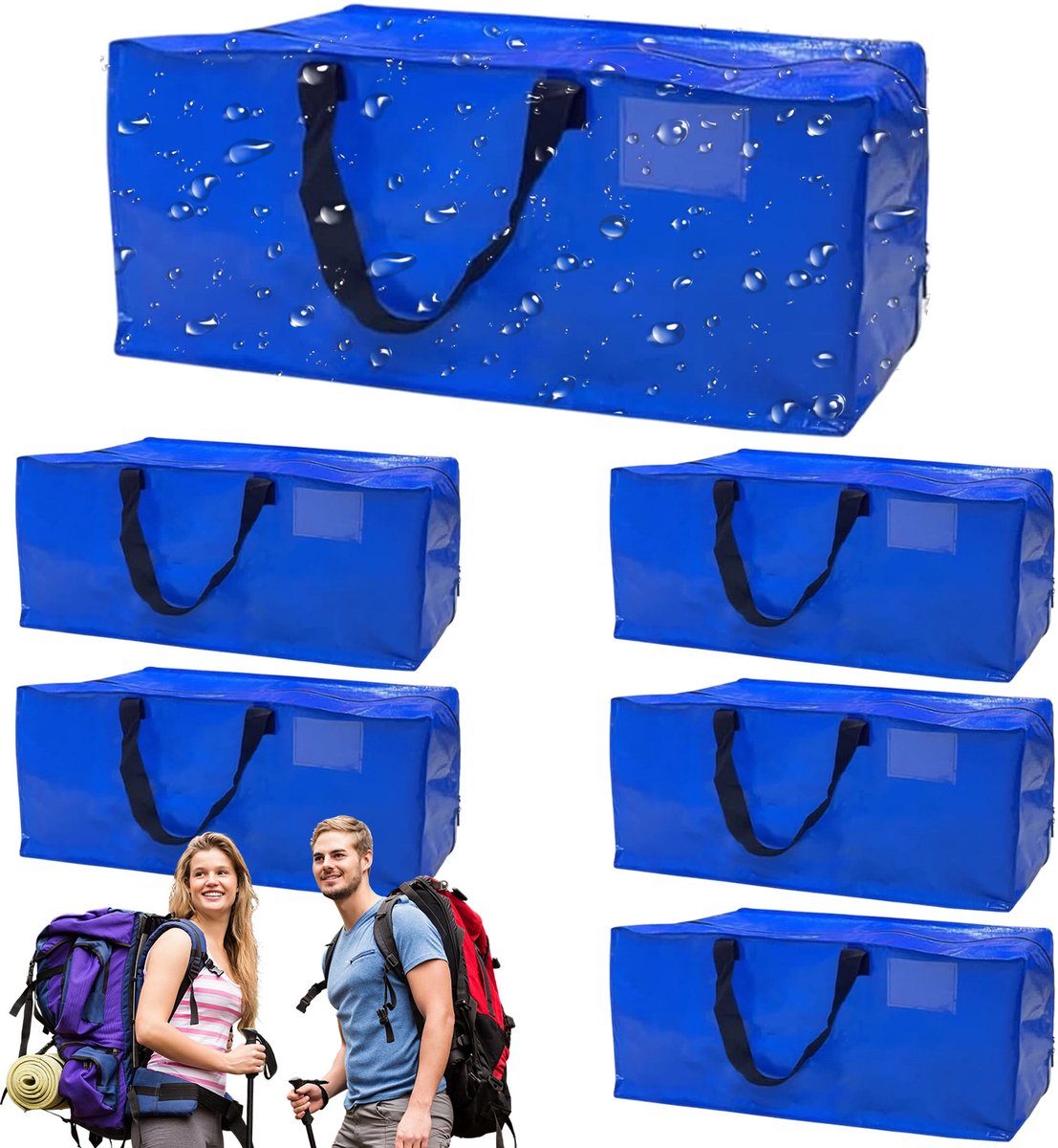XXL Verhuistassen Set - Verhuis & Opbergtassen - Verhuiszakken - 6 Stuks - 95L - 74x37x38 cm - Verdikt & Slijtvast - Hand & Schouderriem - Dubbele Ritssluiting - Opvouwbaar - Big Shopper Moving Bag - Voor Verhuizing & Opslag - Blauw