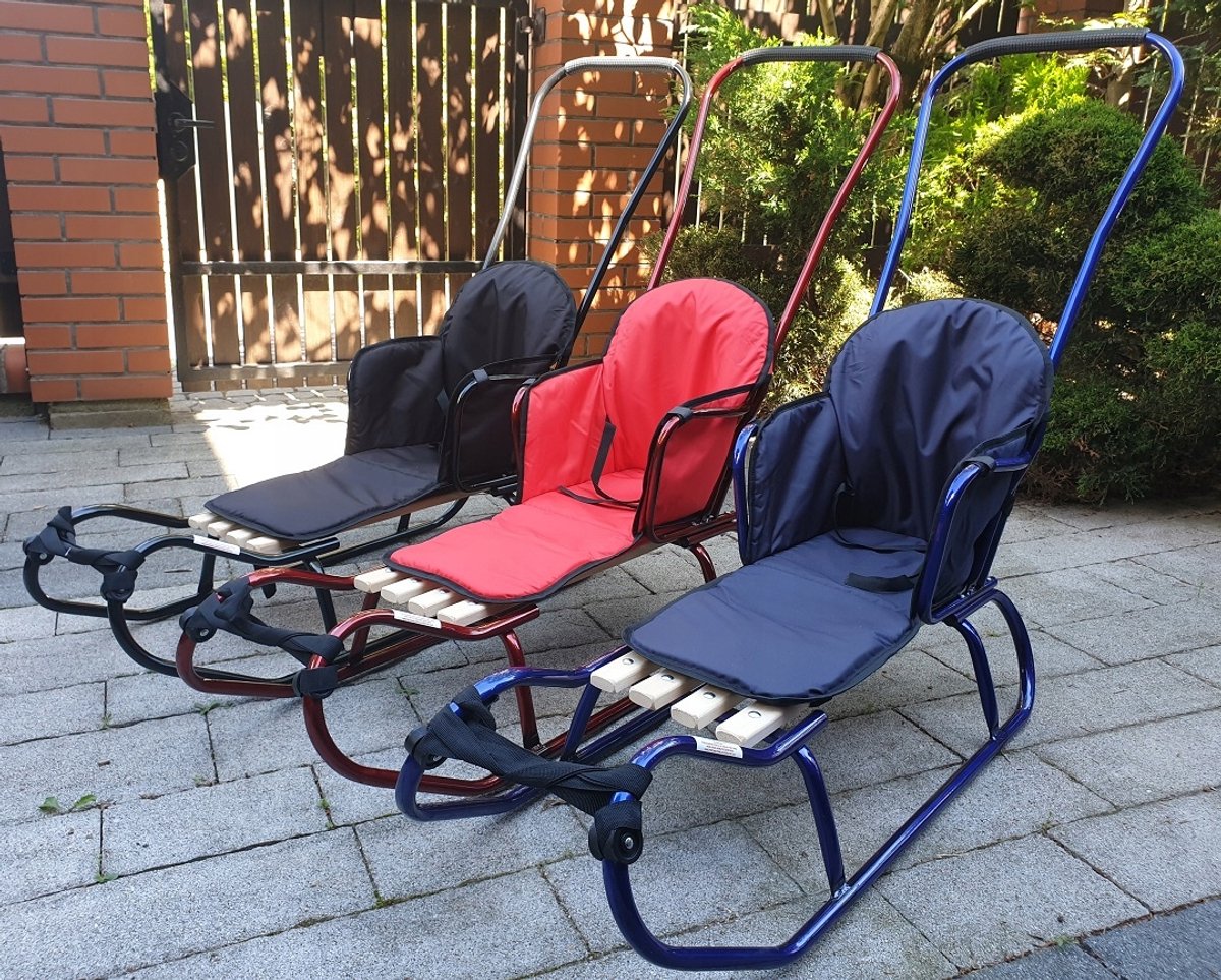 Stevige Metalen Slee met Rugleuning, Duwstang & Dik Matras (105cm)
