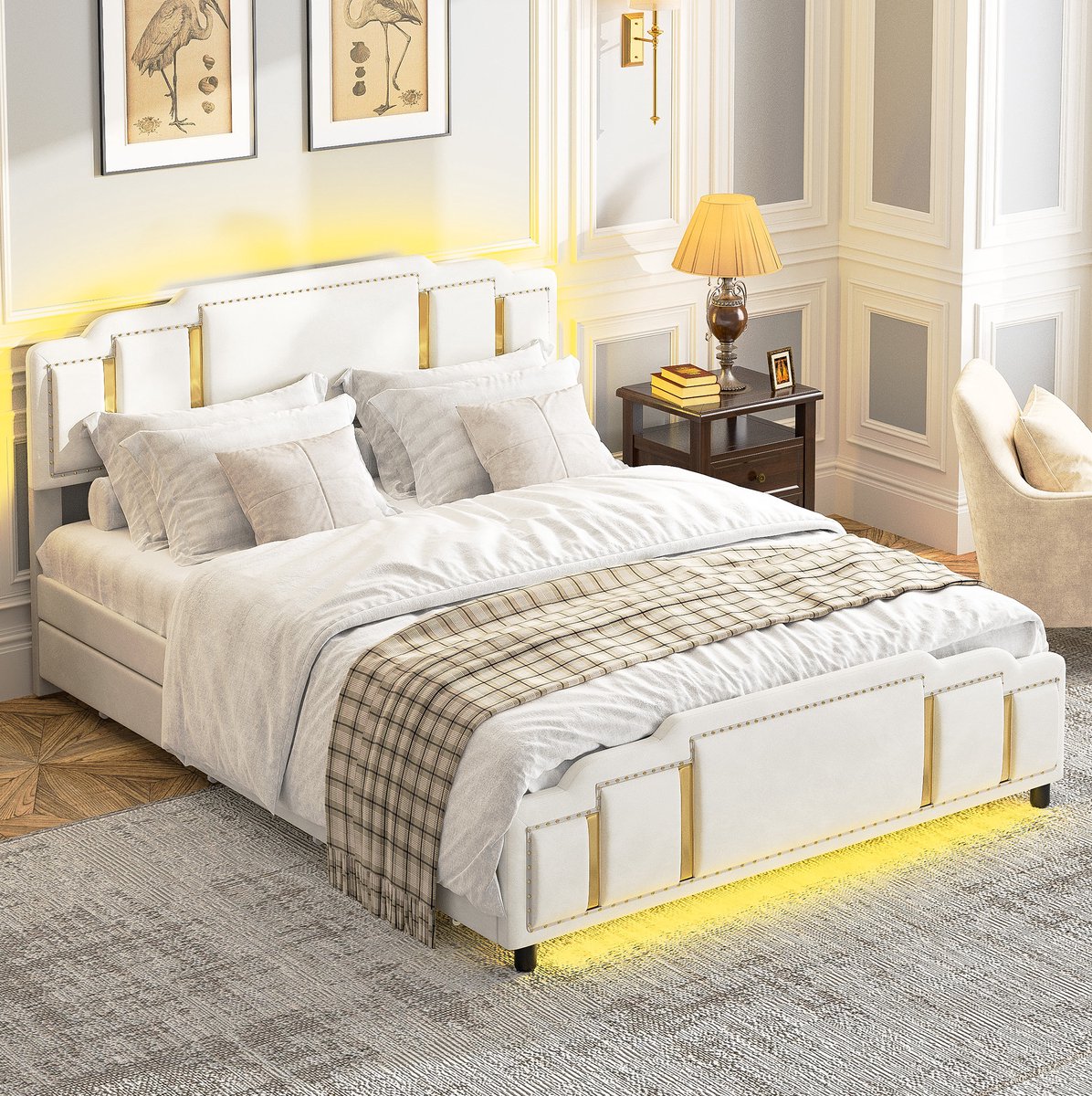 Wishdor Tweepersoonsbed 140x200 cm - Soft bedframe met LED verlichting - Goudkleurige accenten en verstelbaar hoofdbord - Beige velvet - Lattenbodem - Voor volwassenen