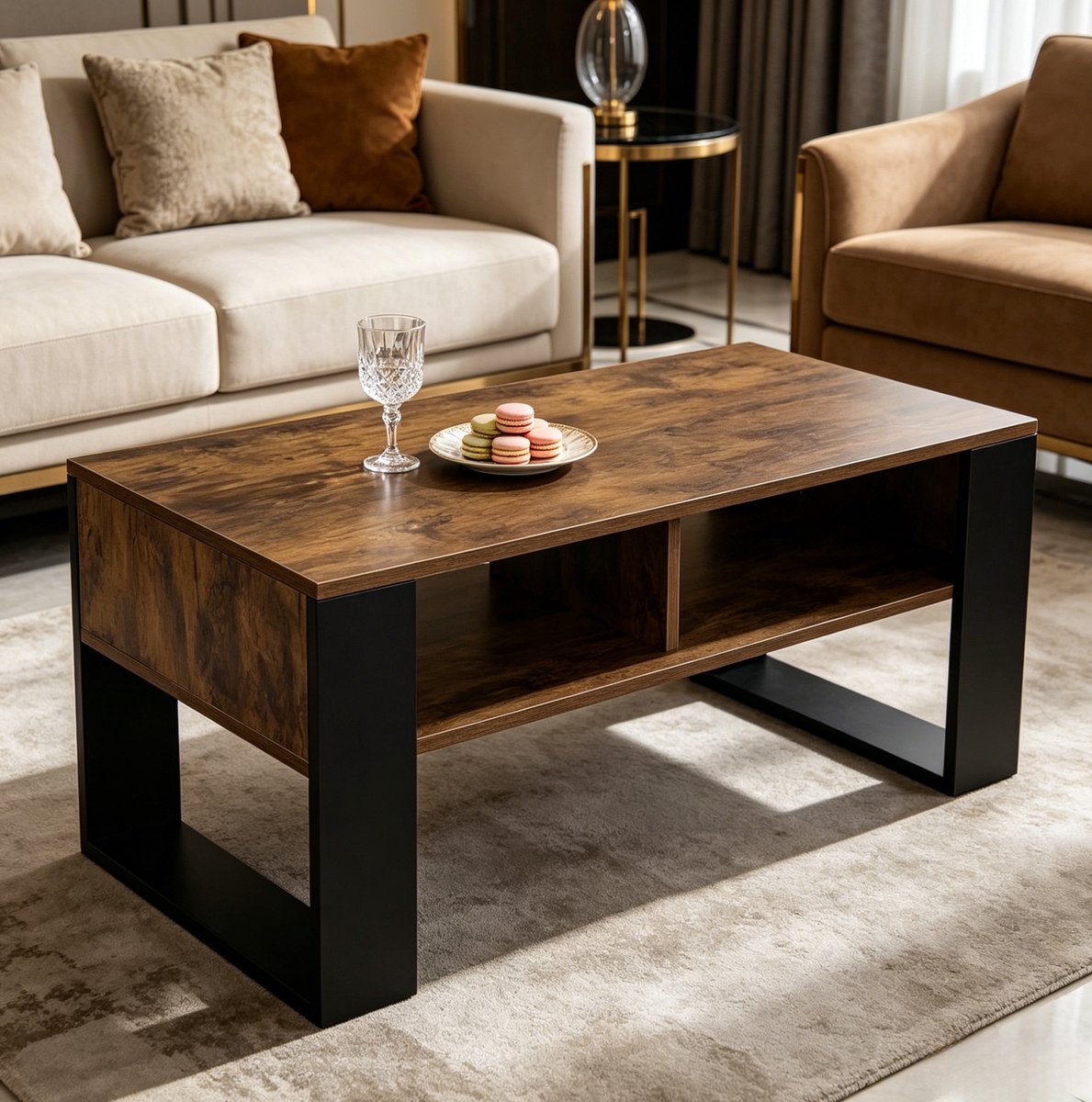 Wishdor Salontafel Met open opbergvakken - Rechthoekig modern ontwerp - Houtlook met melamine fineer - Zwart en rustiek bruin - Voor woonkamer - 90 x 45 x 45 cm
