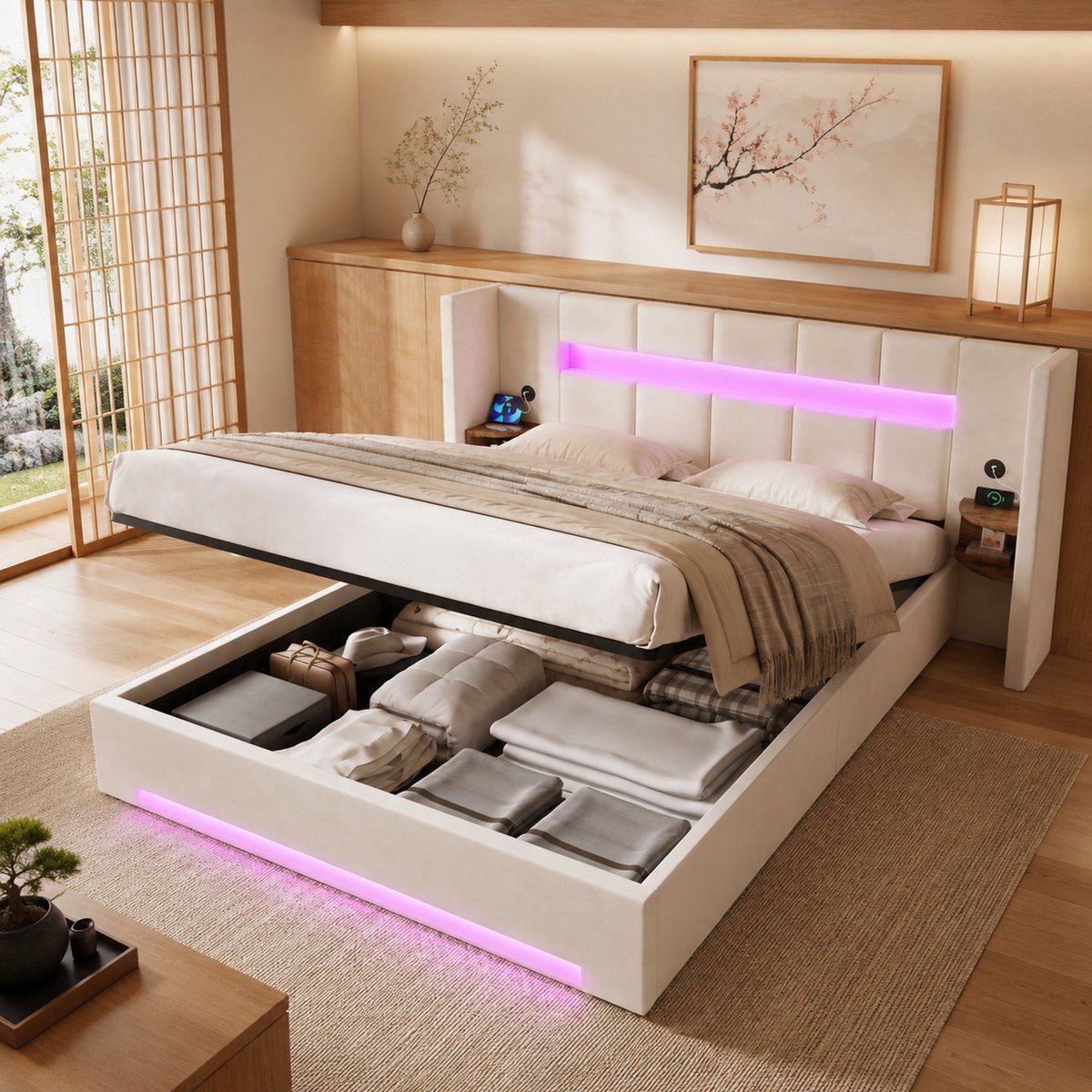 Wishdor Tweepersoonsbed 160x200 cm - Samt bedframe met opbergruimte, LED-verlichting, USB, hydraulisch, beige, lattenbodem, hoge hoofdsteun, voor volwassenen