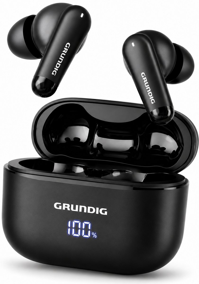 Grundig Draadloze Oordopjes - Earbuds 15 Uur Afspeeltijd - Oortjes Draadloos Bluetooth 5.3 - Oplaadcassette met Batterij Indicator - USB-C Oplaadbaar - Handsfree Bellen en Muziek Luisteren - Zwart