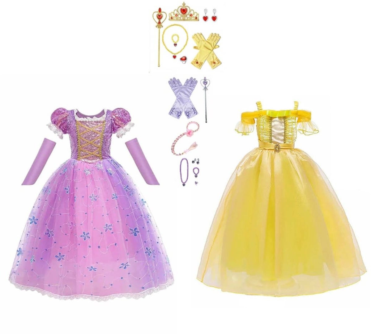 Prinsessenpakket 2x prinsessenjurken + accessoires maat 110/116