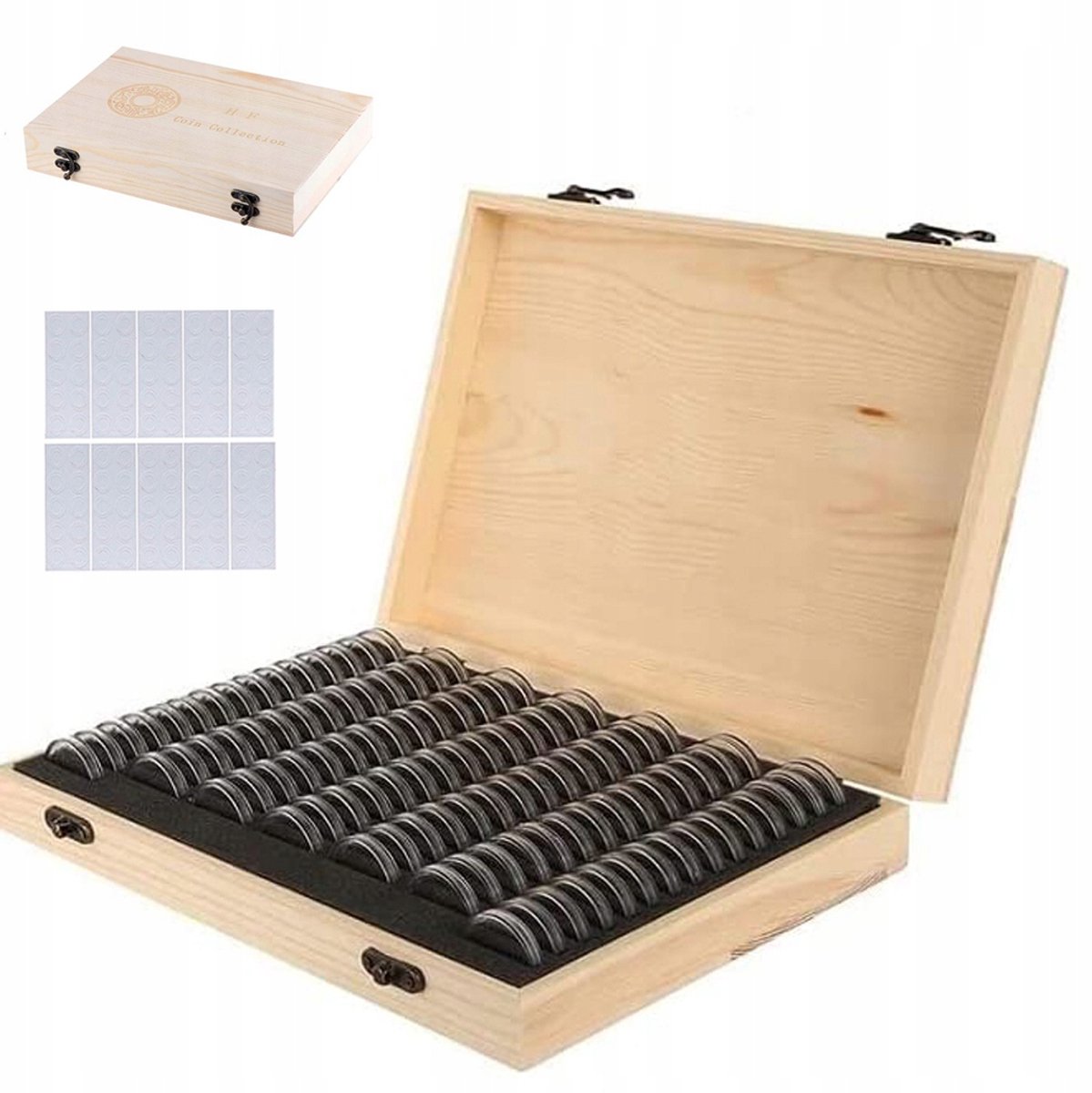 Munten Opbergdoos Hout - Muntenbewaarbox - Munten Verzamelbox - Munten Opbergen - 100 Munten - Stofdicht & Krasvrij - 100 Ronde Capsules - EVA Inlegringen - Voor Herdenkingsmunten & Verzamelaars