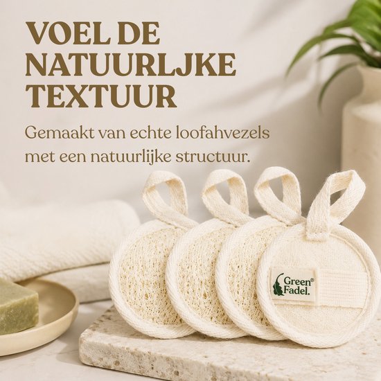 Vier ronde, natuurlijke loofah gezichtspads met lussen. De tekst 'VOEL DE NATUURLIJKE TEXTUUR' staat op de afbeelding.