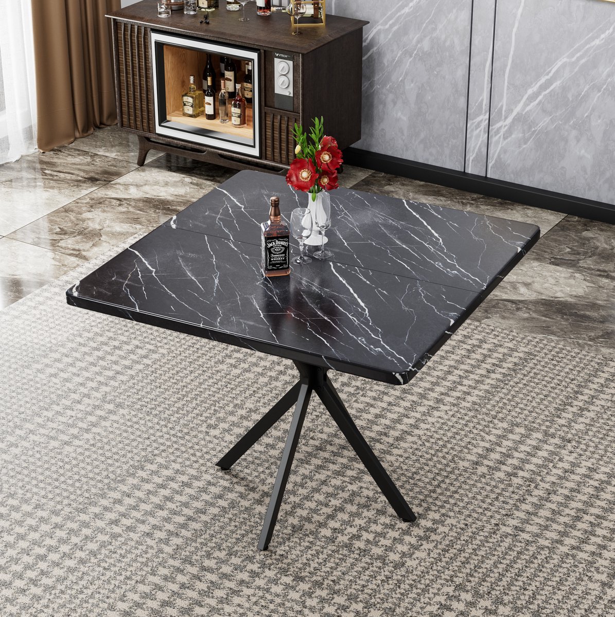 Wishdor Vierkante eettafel - Modern design - MDF tafelblad - Metalen X-poot - Zwart - 98 x 98 x 78 cm - Voor 4 tot 6 personen - Ruimtebesparend