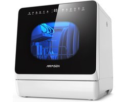 AIRMSEN Mini Vaatwasser 45cm - Zoutreservoir - Vrijstaande Tafelmodel Afwasmachine (5L Tank) - 8+3 Programma's - 5 Couverts - Wit/Zwart
