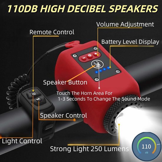 2-in-1 elektrische fietsclaxon en -lamp – 110 dB claxon met 5 geluidsmodi – Fietsverlichting - Fietsbel - Nachtverlichting - Waterdicht – Nachtritten - Geschikt voor volwassenen en mountainbikes - Blauw — afbeelding 2