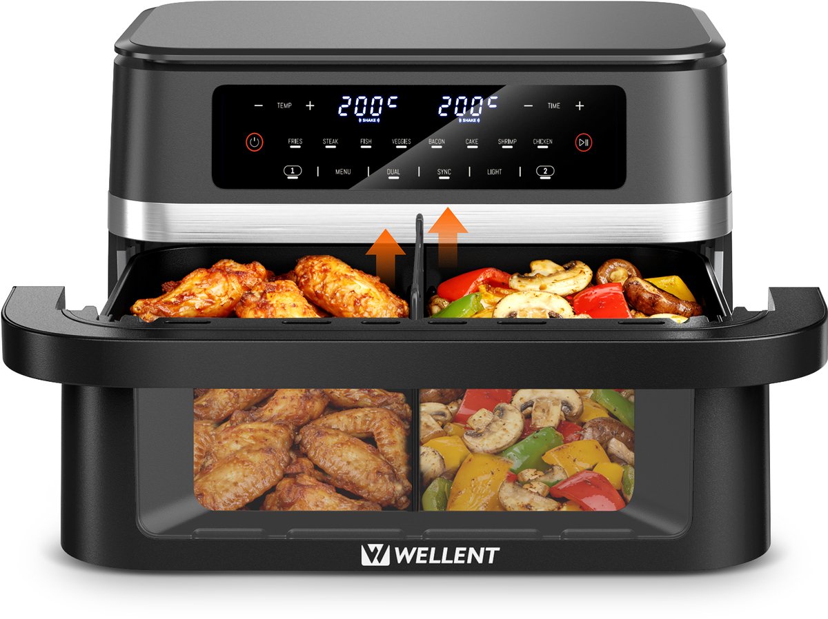 WELLENT Dubbele Airfryer - 2x6L - 12 liter - 2 manden - Airfryer XXL - Touchscreen - Kijkvenster - 8 programma's - 2950W