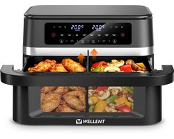 WELLENT Dubbele Airfryer - 2x6L - 12 liter - 2 manden - Airfryer XXL - Touchscreen - Kijkvenster - 8 programma's - 2950W