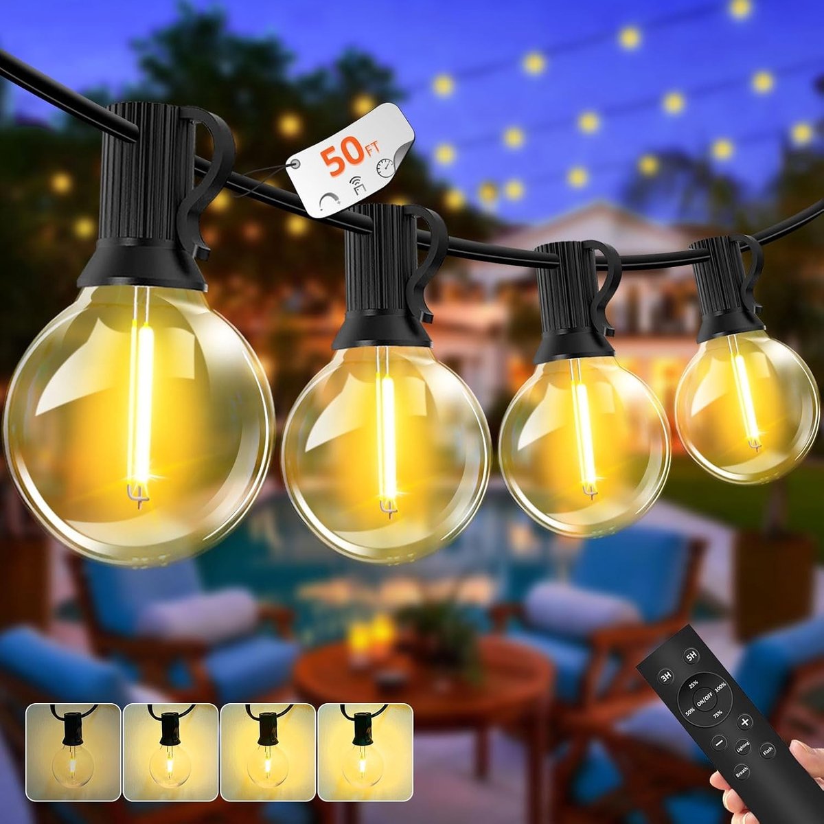 Lichtsnoer voor Buiten - Warmwit - 15 m - Dimbaar met 17 + 2 LED G40 Gloeilampen - Voor Tuin en Terras