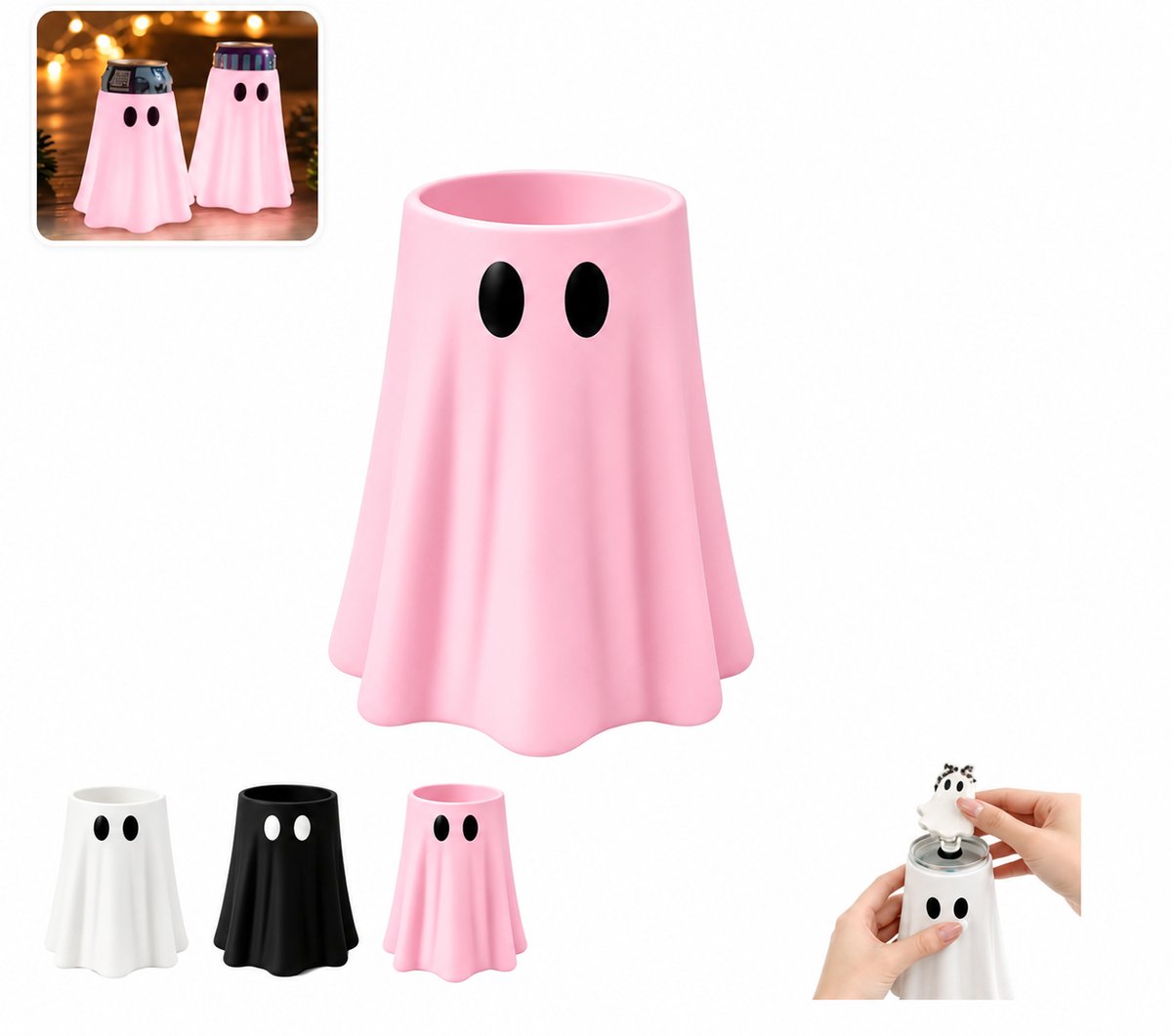 Blikhoes in spookvorm – Halloween-tafeldecoratie (spook) – Inclusief flesopener – Schattige koelhoes voor drankjes – Universele hoes voor slanke blikjes – Leuke feestdecoratie – Roze – Standaardformaat (12 oz / ca. 355 ml)