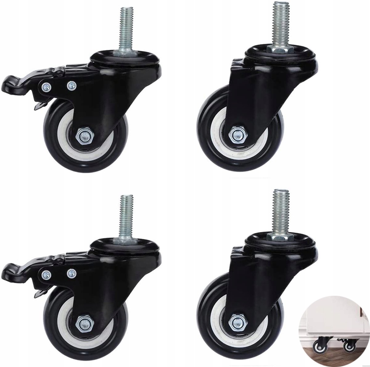 4x Zwenkwielen M8 40mm met Rem - Rubber & Staal