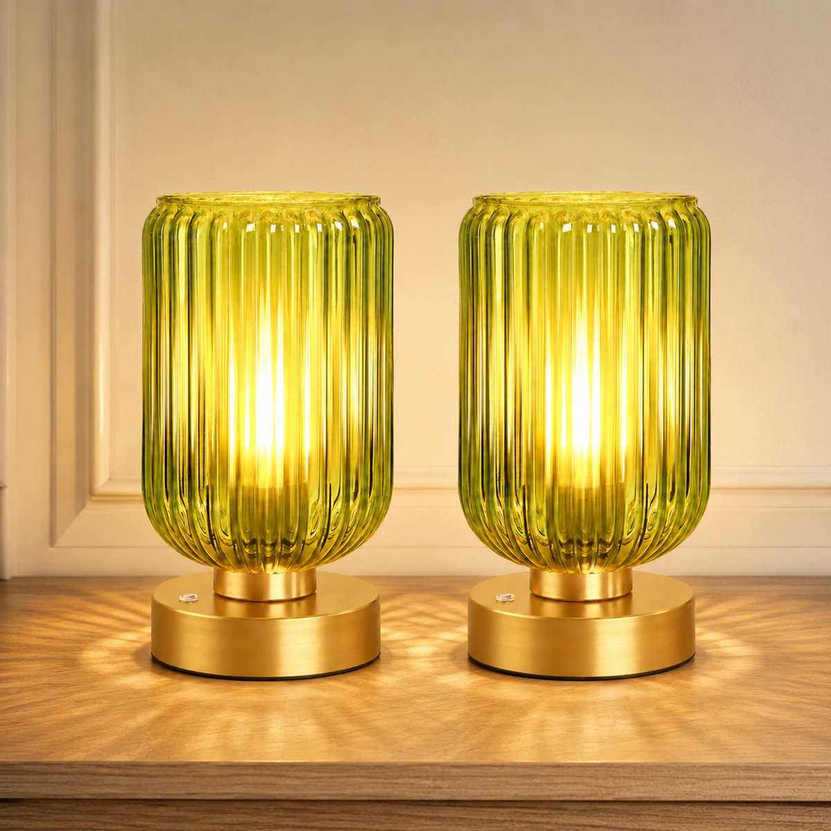 Rosnek Set van 2 Draadloze Tafellamp Mid-Century - Touch Dimbaar - Oplaadbare Bedlamp met Groen Glas - Vintage Nachtlamp 7500mAh - Sfeerlamp - Slaapkamer Woonkamer