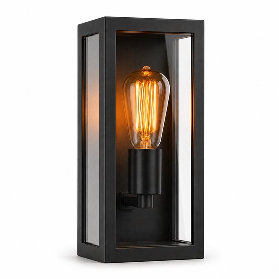 Zwarte rechthoekige buitenlamp met helder glas en een zichtbare E27 fitting met gloeilamp.