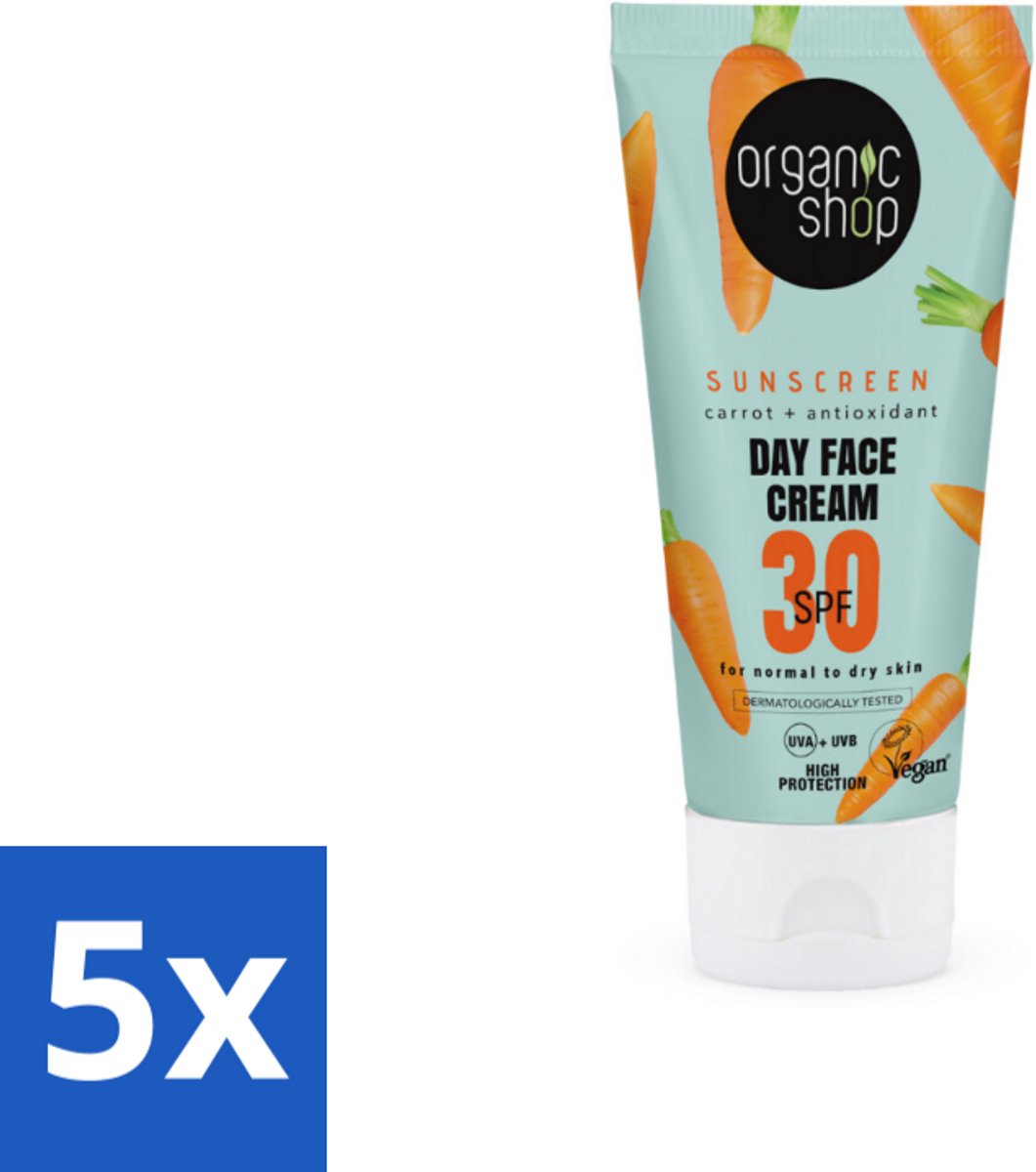 5 x Organic Shop - Zonnebrandcrème Gezicht SPF 30 - Normale Huid - 50 ml - Zonnebrandcrème - SPF 30 - Gezichtsbescherming - UVA/UVB Bescherming - Natuurlijke Zonnebrand