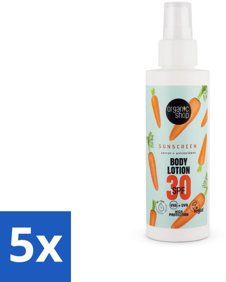 5 x Organic Shop - Zonnebrandcrème SPF 30 - Bescherming tegen de Zon - 150 ml - Zonbescherming - Zonnebrandcrème - SPF 30 - Natuurlijke Zonbescherming - Antioxidanten