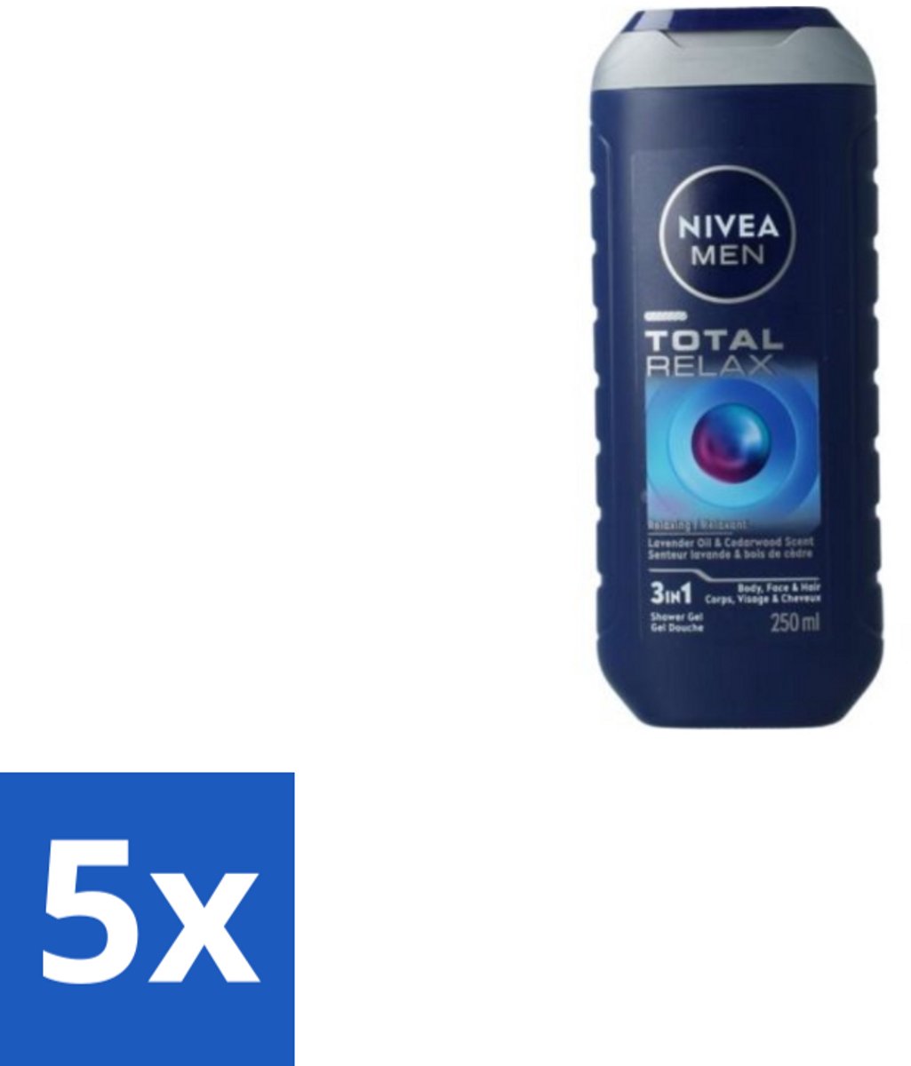 5 x NIVEA MEN - Douchegel - Total Relax - 250 ml - Douchegel Mannen - Ontspanning Douche - Rustgevende Geur - Gezicht En Haar Reinigen - Huid Verzorgen