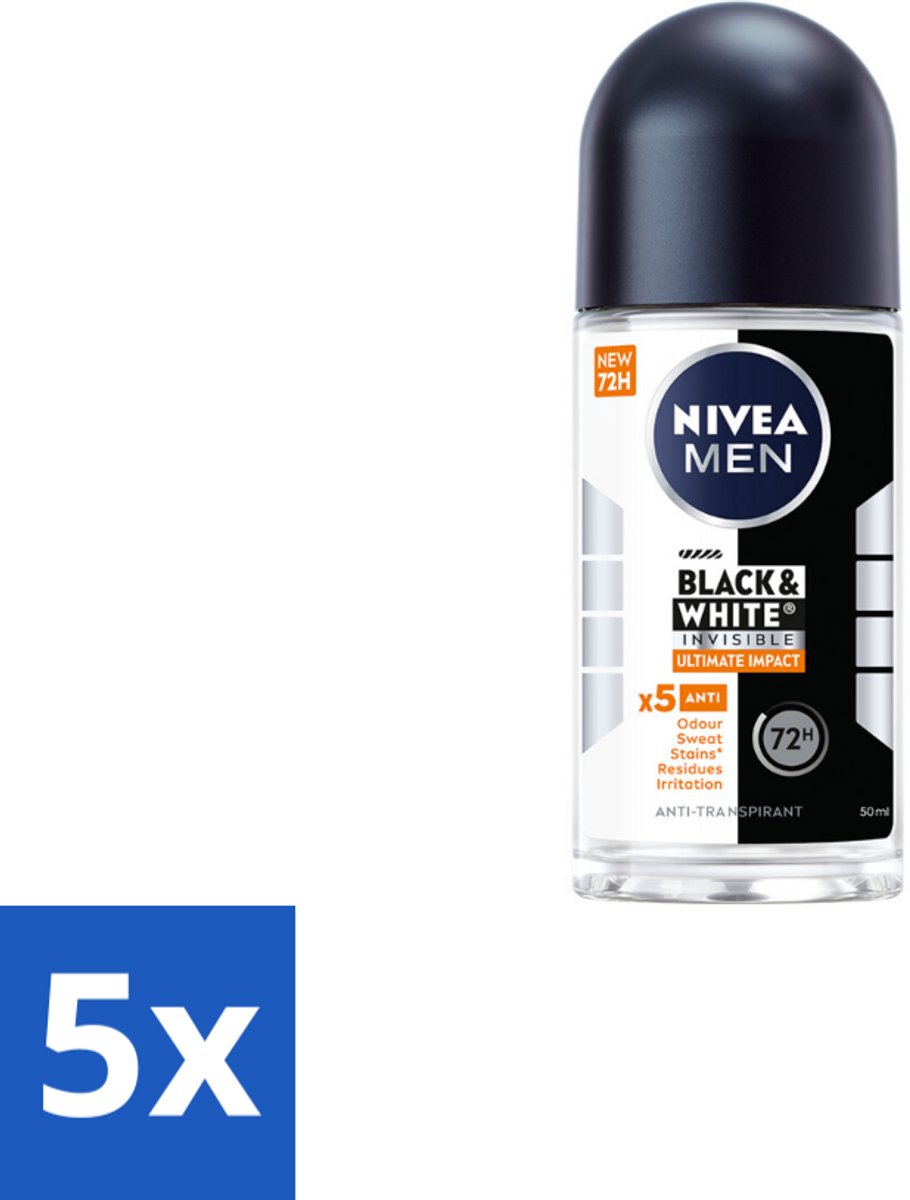 5 x NIVEA MEN - Deodorant Roller - Black & White Ultimate Impact - 50 ml - Deodorant Roller - Anti-vlekken - Zweetbescherming - Geurbescherming - Huidbescherming