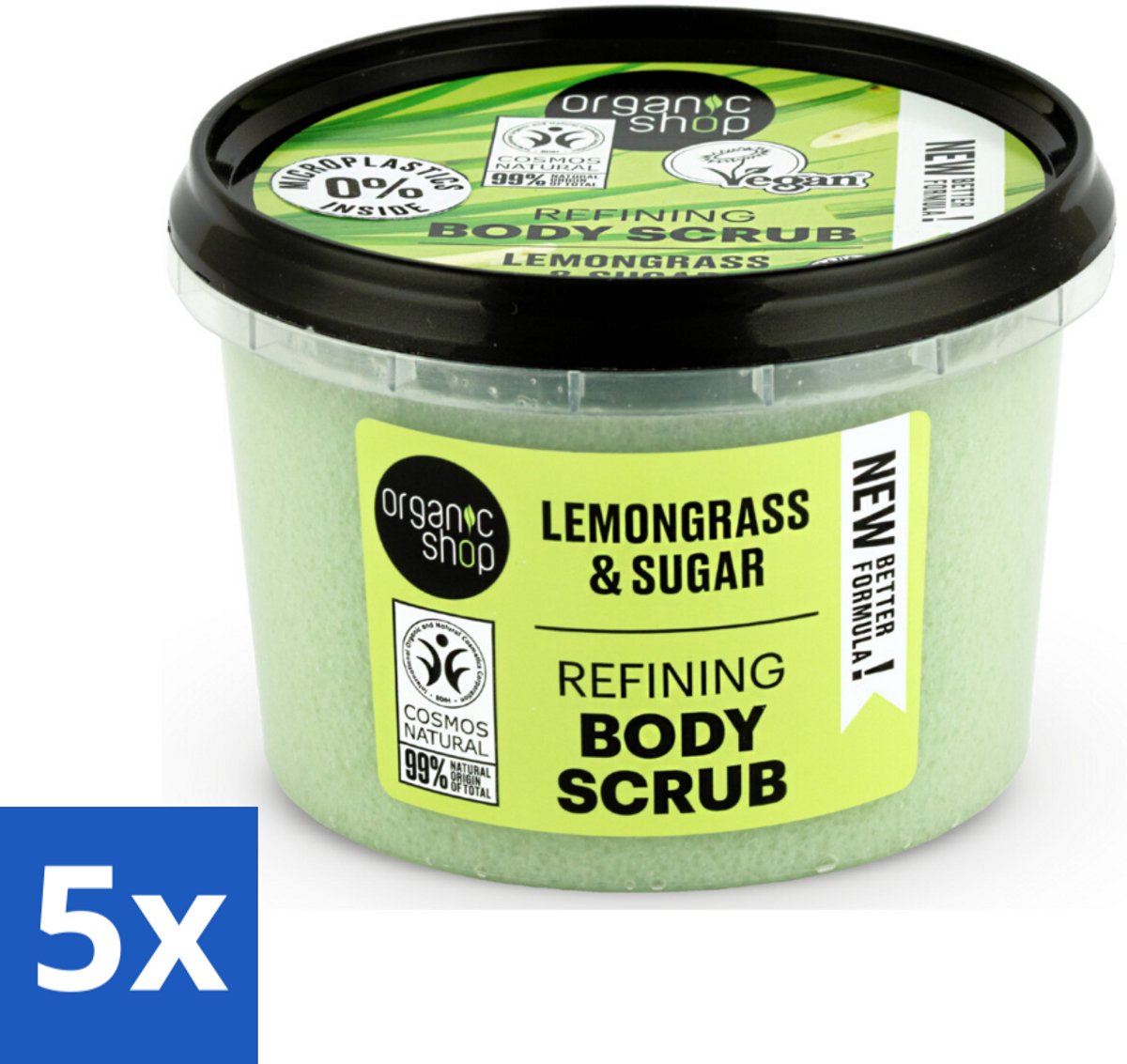 5 x Organic Shop - Body Scrub Lemongrass - Verfrissend en Verzorgend - 250 ml - Body Scrub - Exfoliatie - Citroengrasolie - Natuurlijke Huidverzorging - Huidpeeling