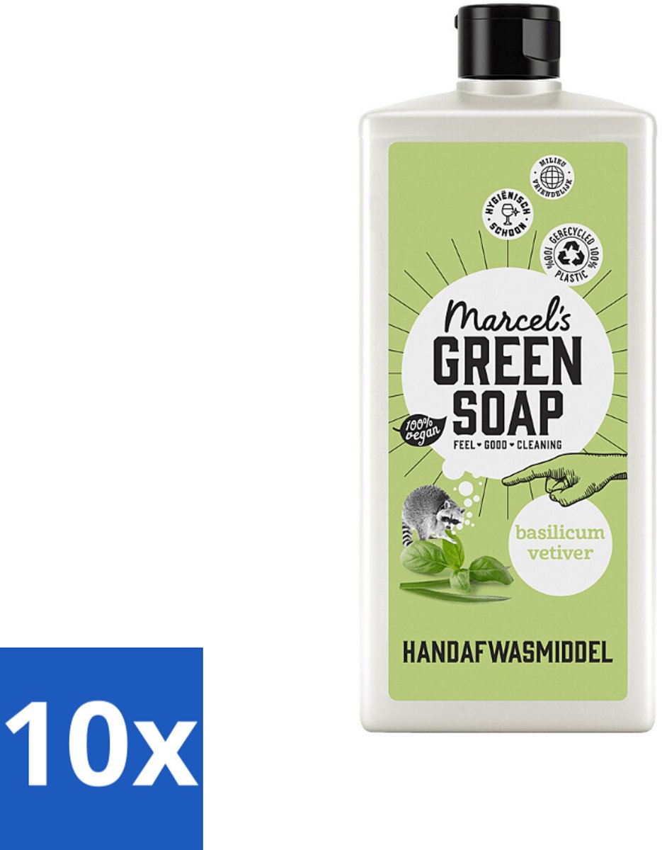 10 x Marcel's Green Soap - Afwasmiddel - Basilicum & Vetiver Gras - Plantaardig & duurzaam - 500 ml - Afwasmiddel Basilicum Vetiver Gras - Plantaardig Afwasmiddel - Duurzaam Afwasmiddel - Natuurlijk Afwasmiddel - Afwasmiddel Voor Vaat