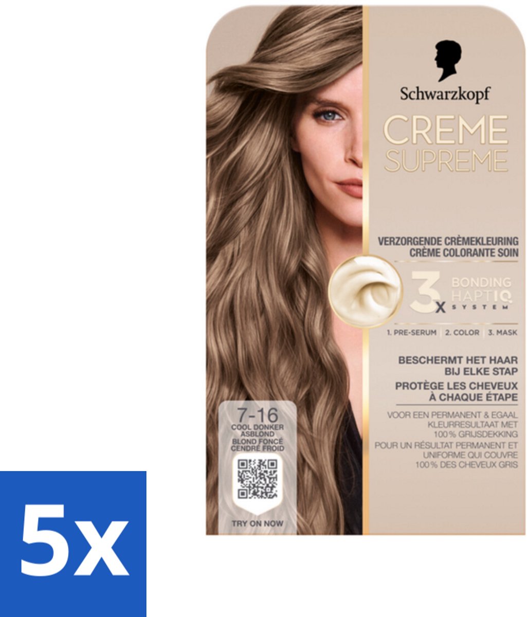 5 x Schwarzkopf - Haarkleuring - Creme Supreme 7-16 - Cool Donker Asblond - 245g - Haarkleuring - Cool Donker Asblond - Permanent Haarverf - 100% Grijsdekking - Vegan Haarverf