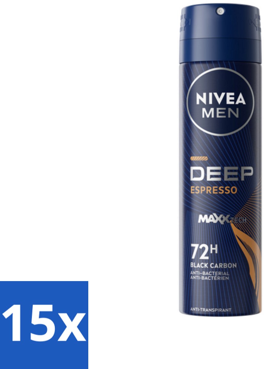 15 x NIVEA MEN - Deodorant Spray - Deep Espresso - 150 ml - Anti-transpirant Spray - 72 Uur Bescherming - Espresso Geur - Huidbescherming - Mannelijke Geur