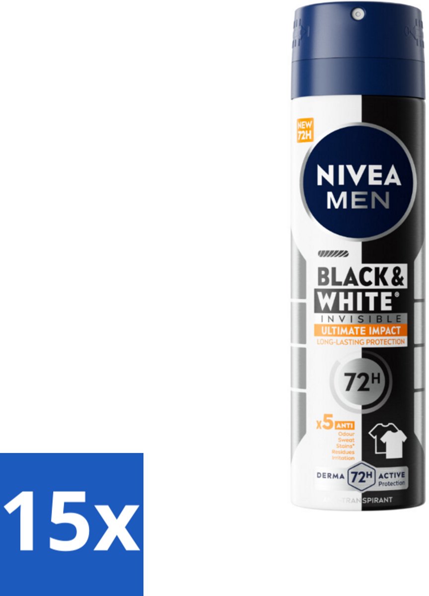 15 x NIVEA MEN - Deodorant Spray - Black & White Ultimate Impact - 150 ml - Anti-transpirant Spray - Anti-vlekken - Zweetbescherming - Kledingbescherming - Deodorant Spray