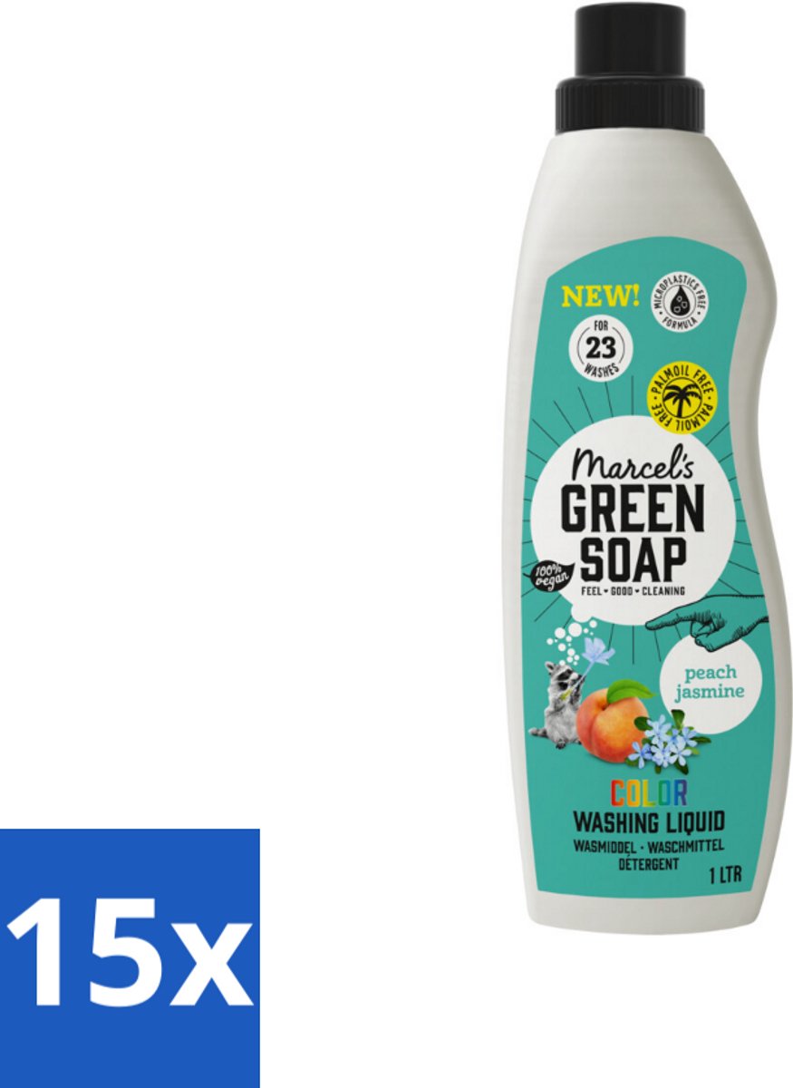 15 x Marcel's Green Soap - Vloeibaar Wasmiddel - Kleur - Perzik & Jasmijn - Effectief & natuurlijk - 23 Wasbeurten - 1 liter - Wasmiddel Perzik En Jasmijn - Geur Perzik En Jasmijn - Geur Fruitig - Kleur Perzik En Jasmijn - Duurzaam Wasmiddel