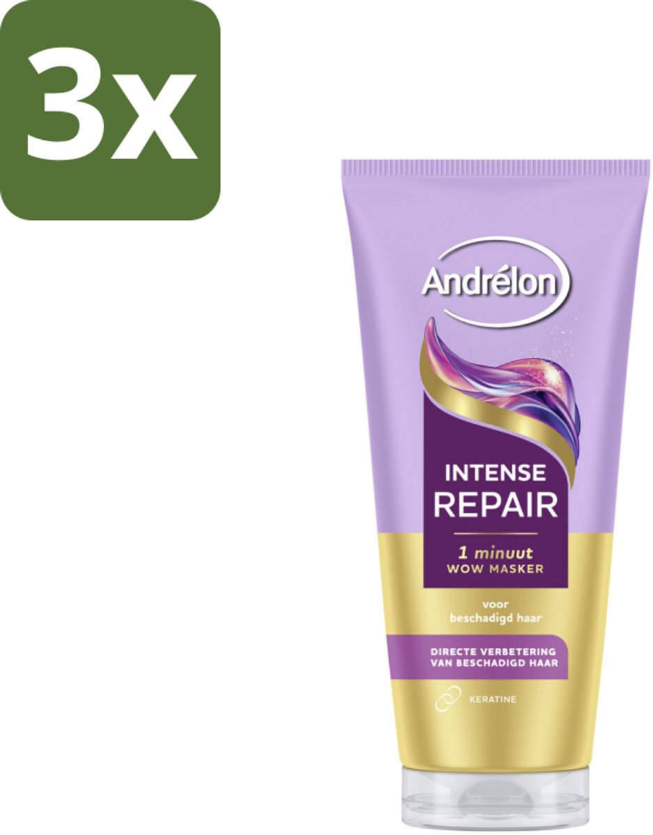 3 x Andrélon – Haarmasker WOW – Intense Repair – 180 ml - Haarmasker - Haarherstel - Beschadigd Haar - Keratine - 1 Minuut Herstel