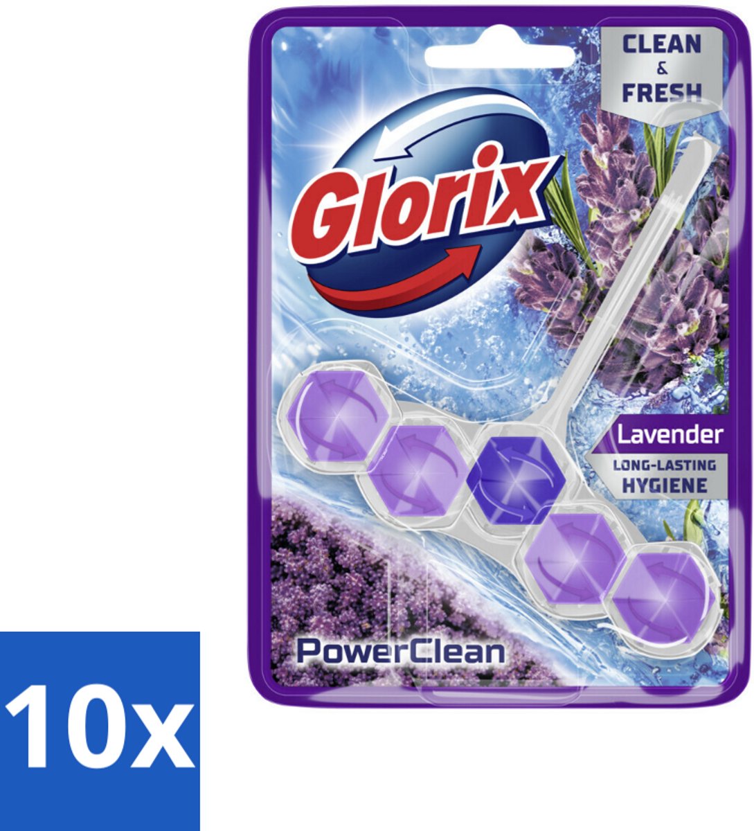 10 x Glorix - Toiletblok - Power Clean Lavendel - Frisse Geur - 1 blok - Toiletblok - Reiniging Wc - Anti-kalk - Lavendel Geur - Hygiëne Wc