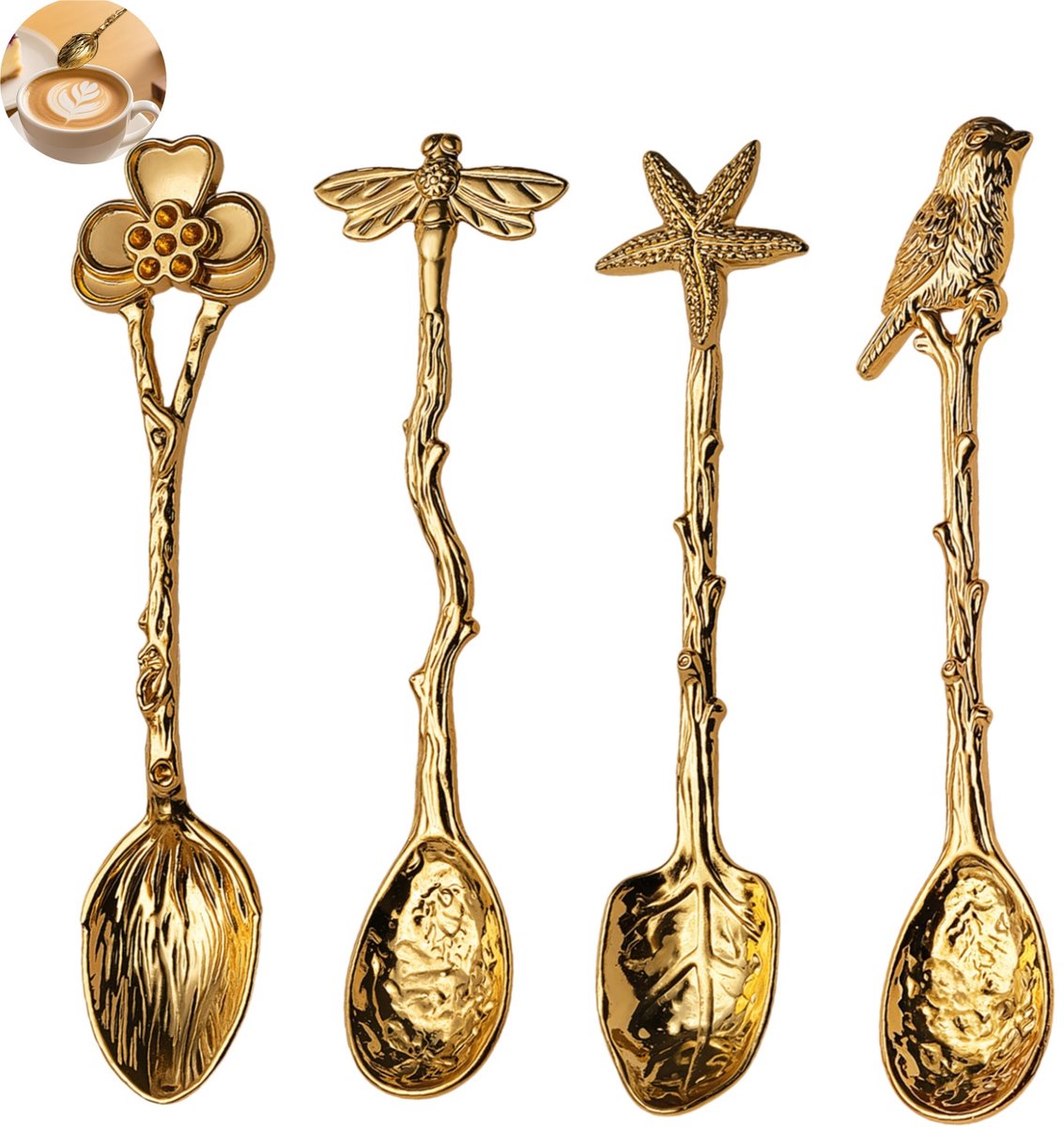 4 stuks - vintage koffielepel - roerlepel - dessertlepel - jamlepel - zinklegering - duurzaam metaal - 4 soorten handvat: vogel, zeester, libelle, bloem - voor café gebruik, taart en jam serveren - goudkleurig