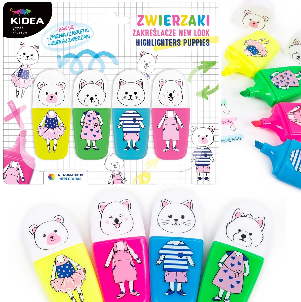 Kidea markeerstiften Dieren - 4 neonkleuren