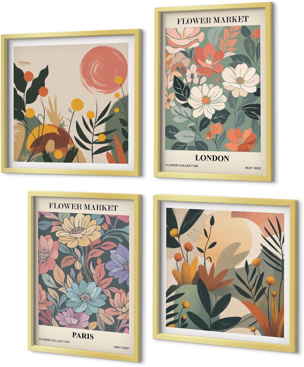 Coloray 4-Delige Schilderij Set - Bloemenposters Parijs Londen - 40 x 40 cm en 40 x 60 cm - Stijlvolle Muurdecoratie - Slaapkamer