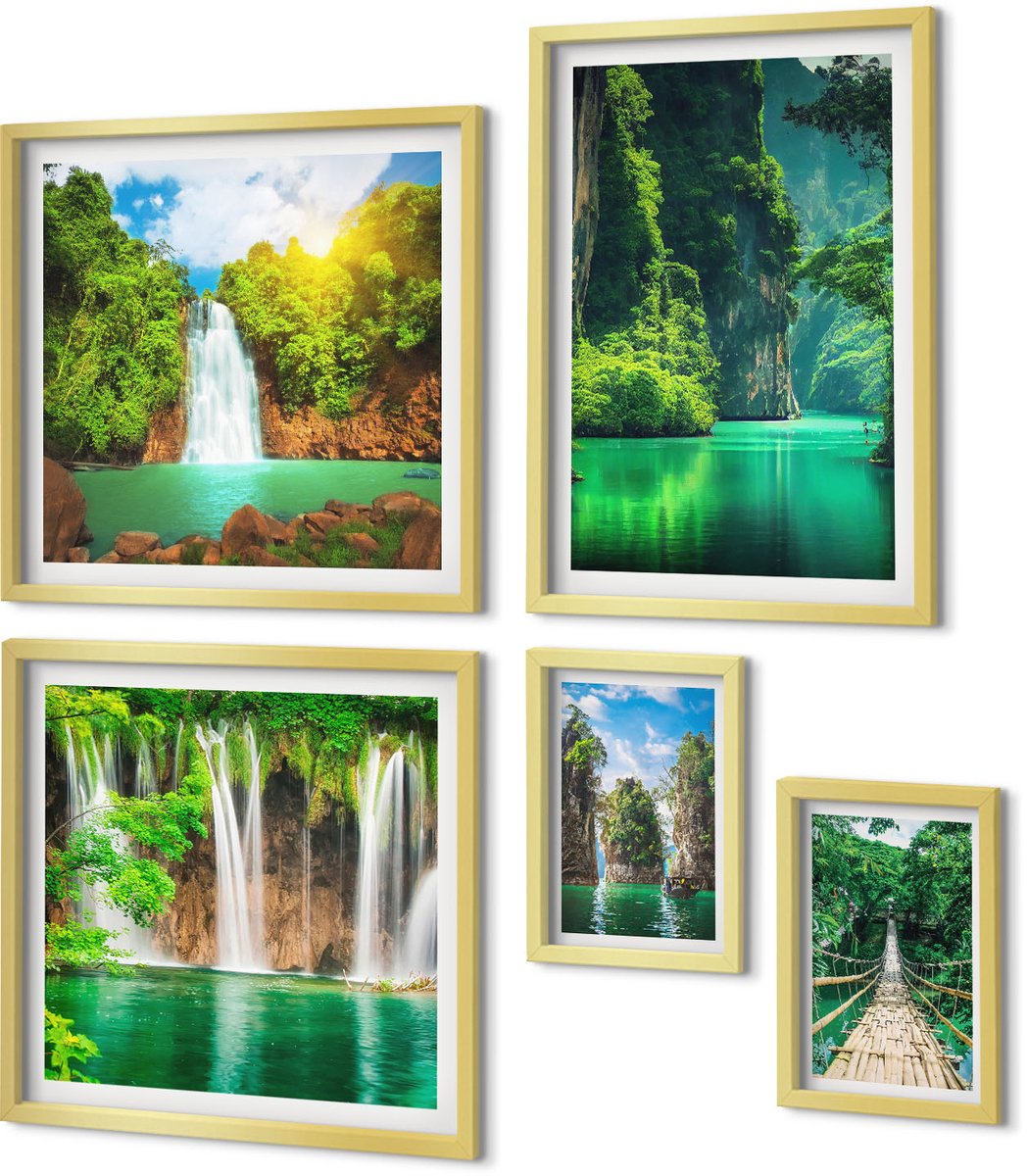 Coloray 5-Delige Schilderij Set - Tropische Landschappen Met Watervallen En Groen. - 50 x 50 cm, 20 x 30 cm En 40 x 60 cm - Decoratieve Muurdecoratie - Slaapkamer - Stijlvolle Muurdecoratie