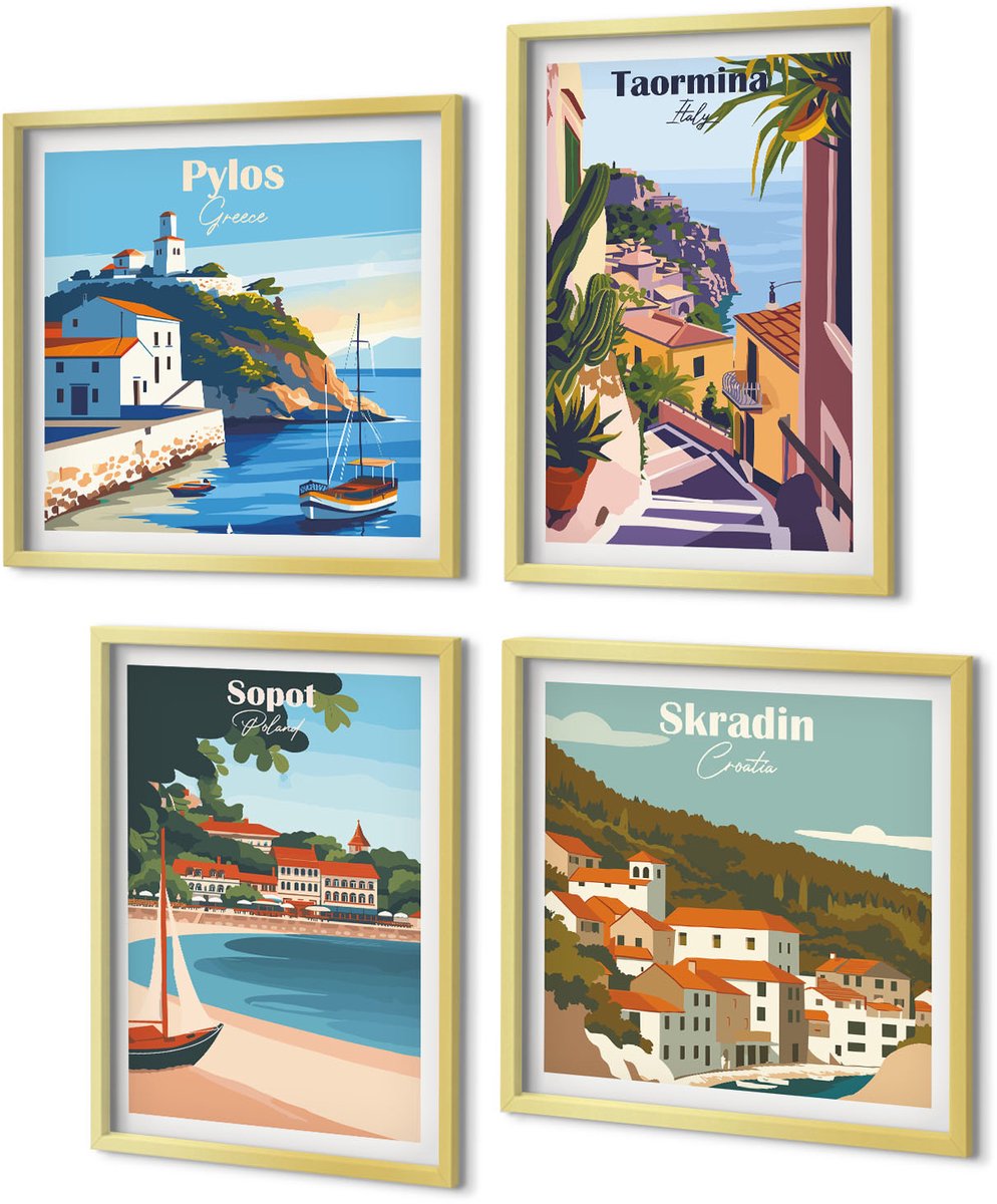 Coloray 4-Delige Schilderij Set - Uitzichten op kuststeden in stijlvolle illustraties - 40 x 40 cm en 40 x 60 cm - Schilderijen Set - Wanddecoratie - Woonkamer