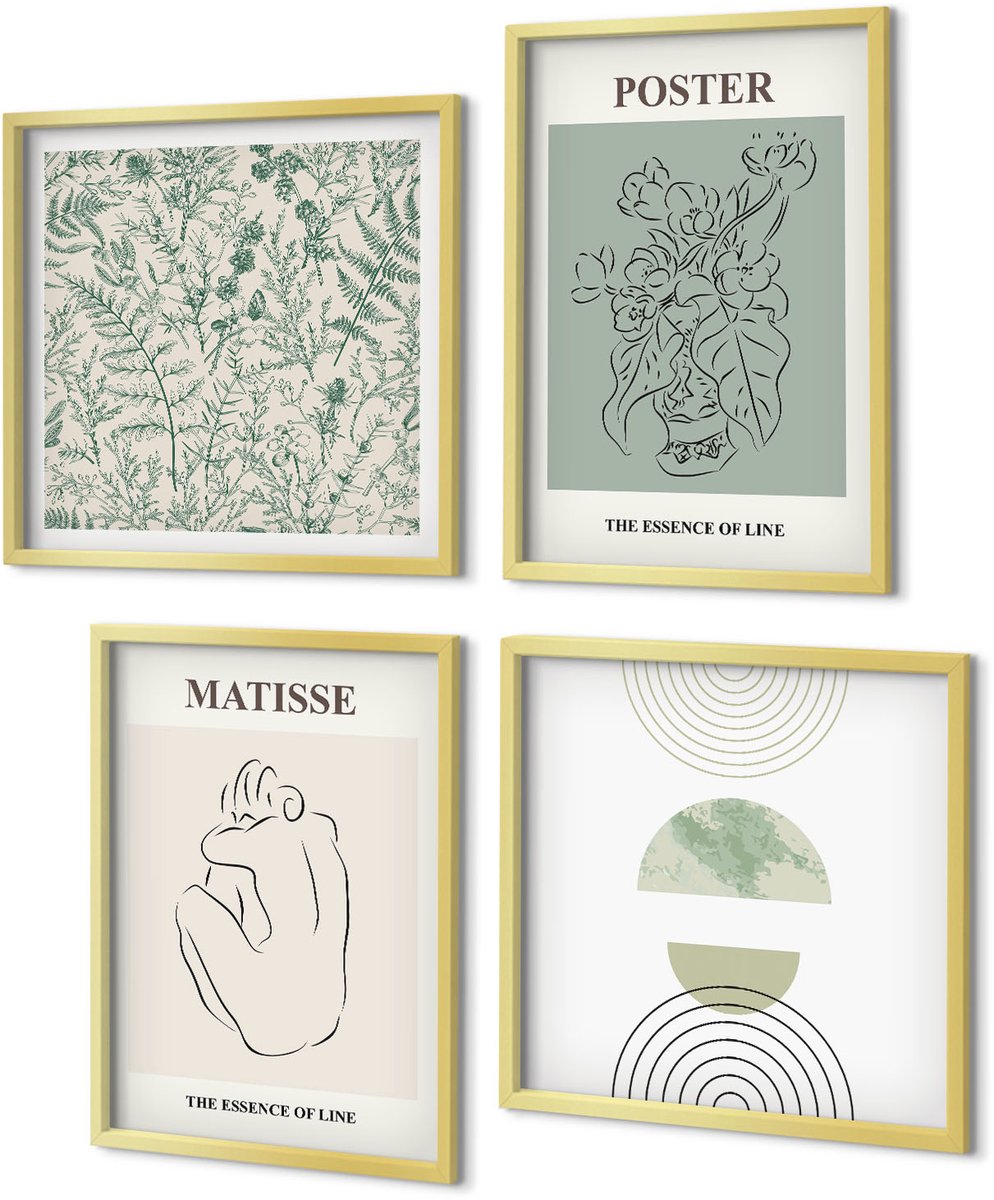 Coloray 4-Delige Schilderij Set - Lijnen en plantmotieven in een minimalistische stijl. - 40 x 40 cm en 40 x 60 cm - Muurdecoratie - Interieur Decoratie - Stijlvolle Muurdecoratie