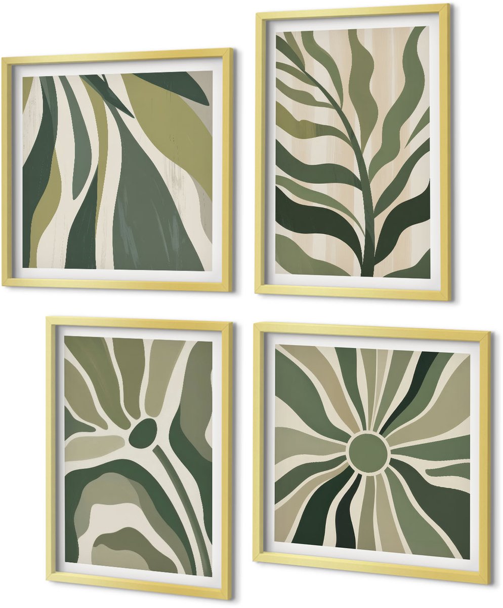 Coloray 4-Delige Schilderij Set - Geschilderde illustraties van bladeren in verschillende tinten groen. - 40 x 40 cm en 40 x 60 cm - Decoratieve Schilderijen - Wanddecoratie - Hal
