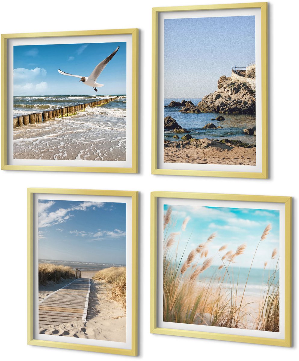 Coloray 4-Delige Schilderij Set - Strand met een houten pad, zee en kliffen aan zee. - 40 x 40 cm en 40 x 60 cm - Stijlvolle Wanddecoratie - Interieur - Decoratieve Schilderijen