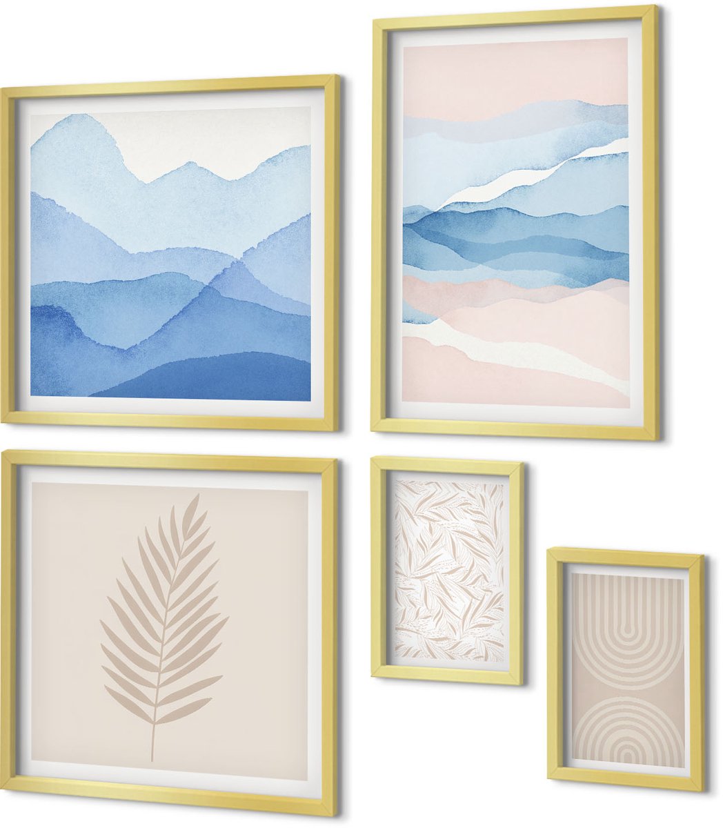 Coloray 5-Delige Schilderij Set - Abstracte Landschappen In Pasteltinten Met Bladeren - 50 x 50 cm, 20 x 30 cm En 40 x 60 cm - Muurdecoratie - Decoratieve Schilderijen - Wohnzimmer