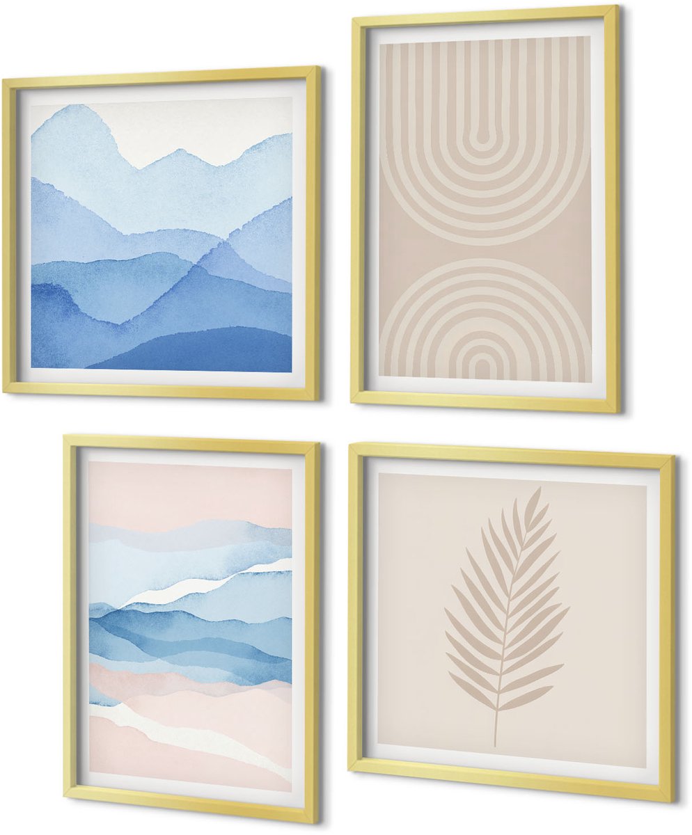 Coloray 4-Delige Schilderij Set - Bladeren en golven in beige en blauwe tinten. - 40 x 40 cm en 40 x 60 cm - Decoratieve Schilderijen - Woonkamer - Interieur - Wanddecoratie