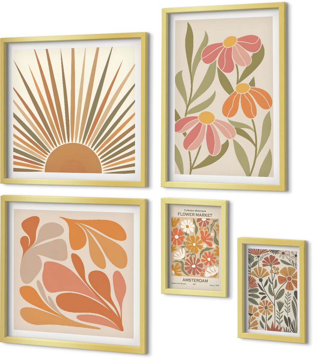 Coloray 5-Delige Schilderij Set - Bloemenmotieven En Geometrische Vormen In Boho-Stijl - 50 x 50 cm, 20 x 30 cm En 40 x 60 cm - Wanddecoratie - Woonkamer Decoratie - Moderne Wanddecoratie